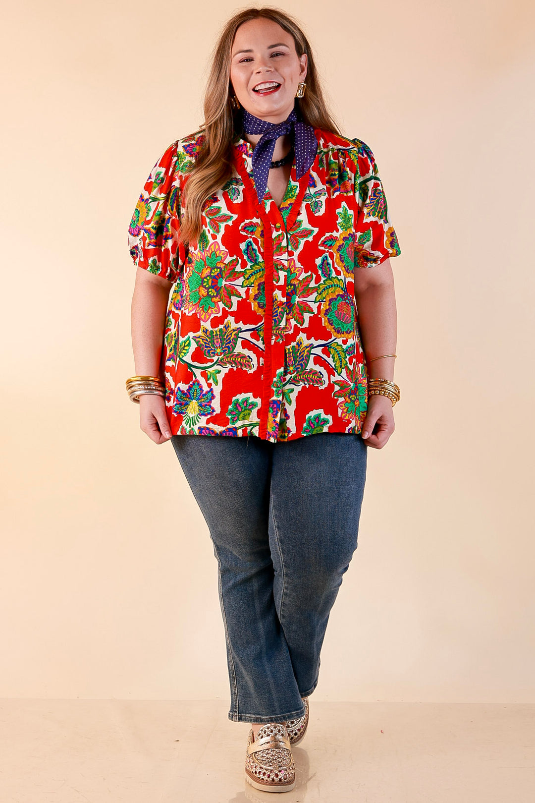 Petal Pop Floral Print Ruffle Front Button Up Top with Puff Sleeves in Red