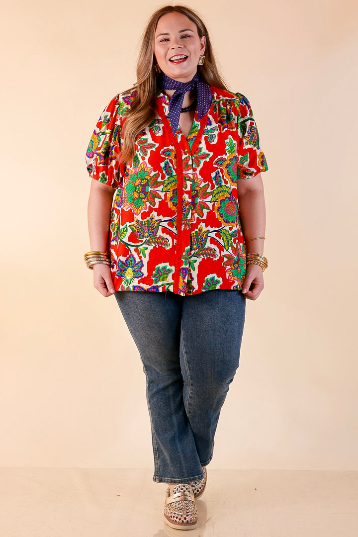 Petal Pop Floral Print Ruffle Front Button Up Top with Puff Sleeves in Red