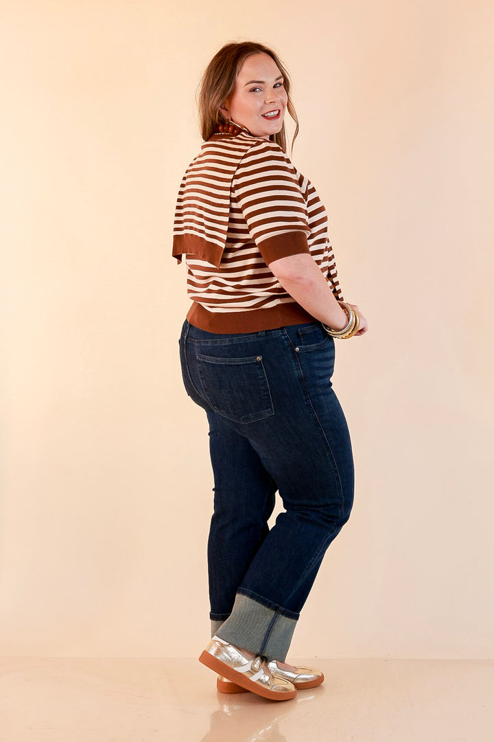 Leading Lady Faux Sweater Tie Detail Short Sleeve Striped Knit Top in Brown and Ivory
