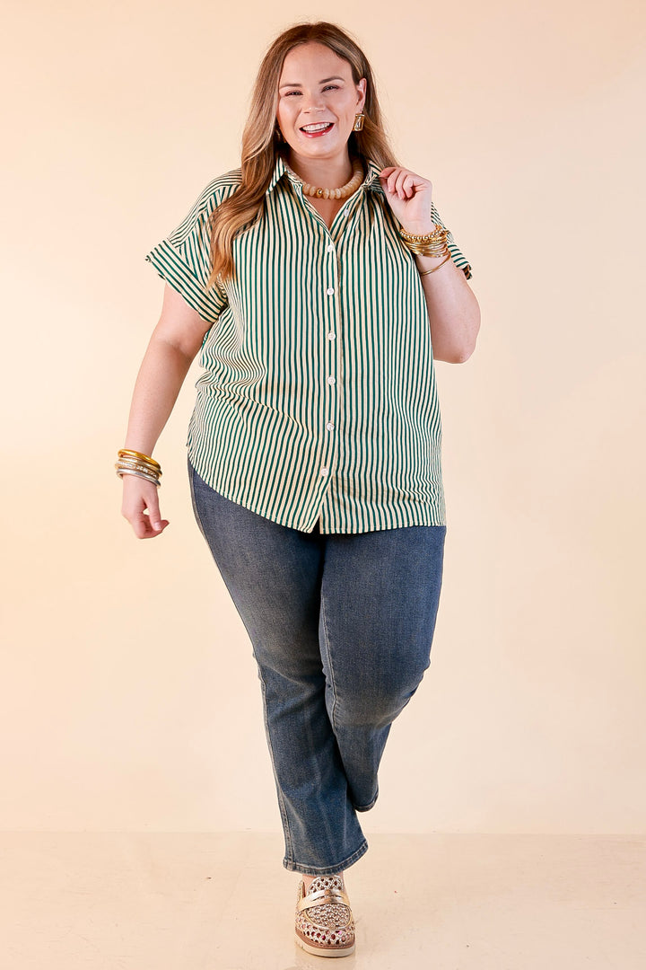 Closet Essential Striped Button Up Short Sleeve Collared Top in Green