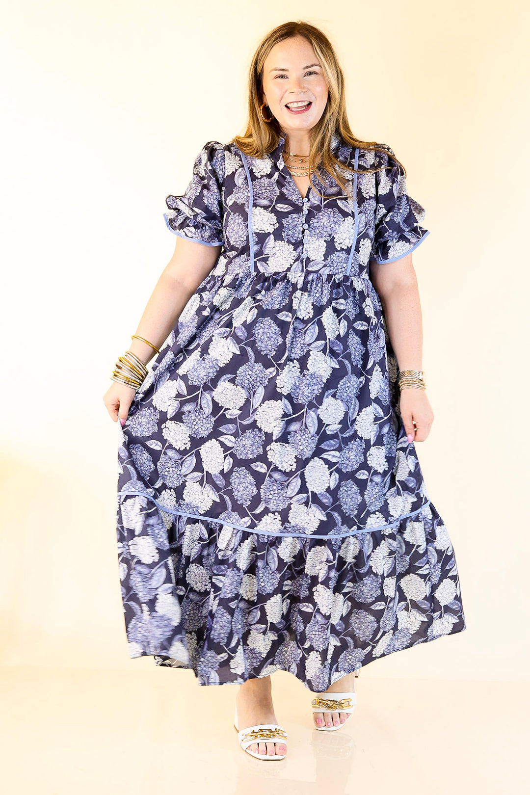 Petals & Poetry Hydrangea Floral Puff Sleeve Tiered Maxi Dress in Navy Blue