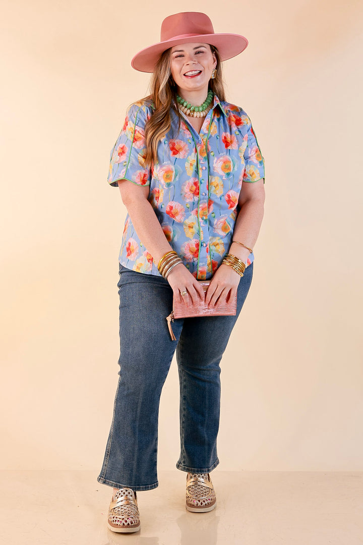Petals and Plans Poppy Floral Print Button Up Collar Blouse in Dusty Blue