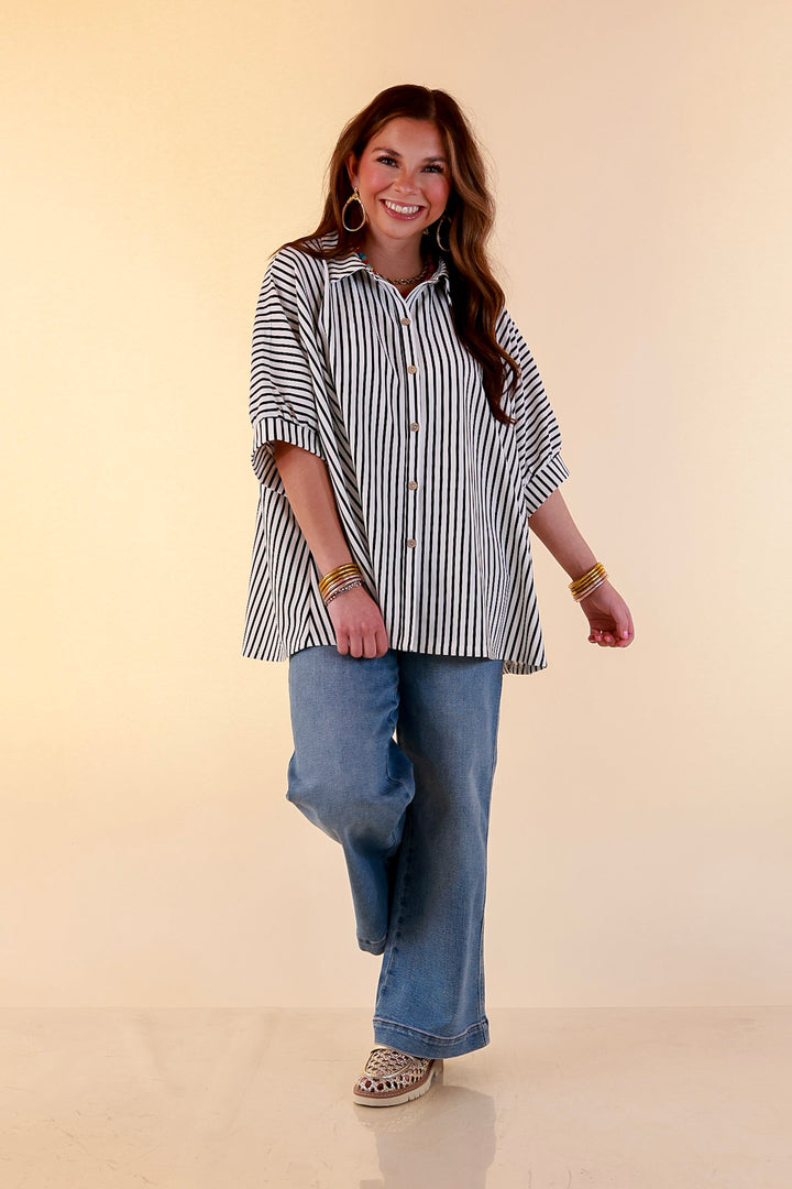 Effortlessly Aligned Button Down Collared Top with Vertical Ivory Stripe Detail in Black