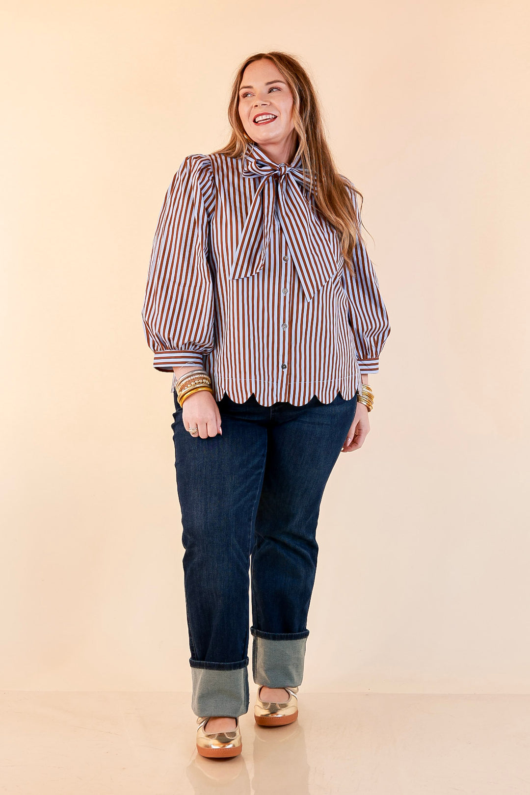 In Good Company Striped Bow Neck Scalloped Hem Blouse in Blue and Brown