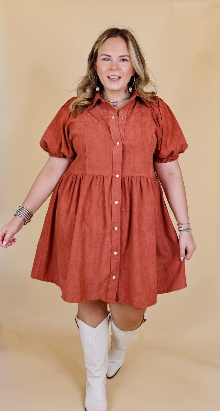 Adventures Ahead Button Up Corduroy Babydoll Dress in Terracotta - Giddy Up Glamour Boutique