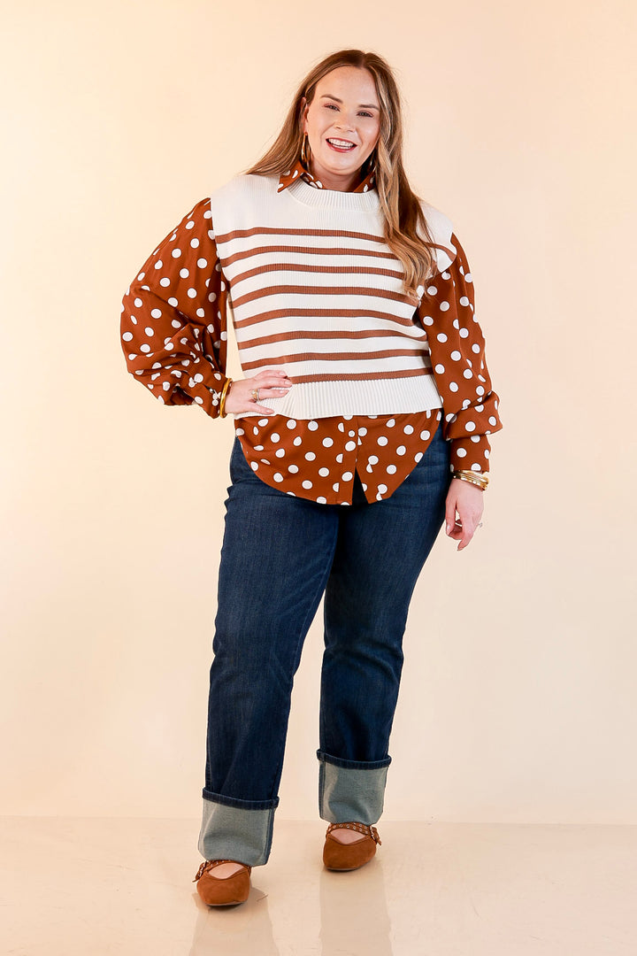 Stripe Things Up Drop Shoulder Knit Sweater in White with Tan Stripes