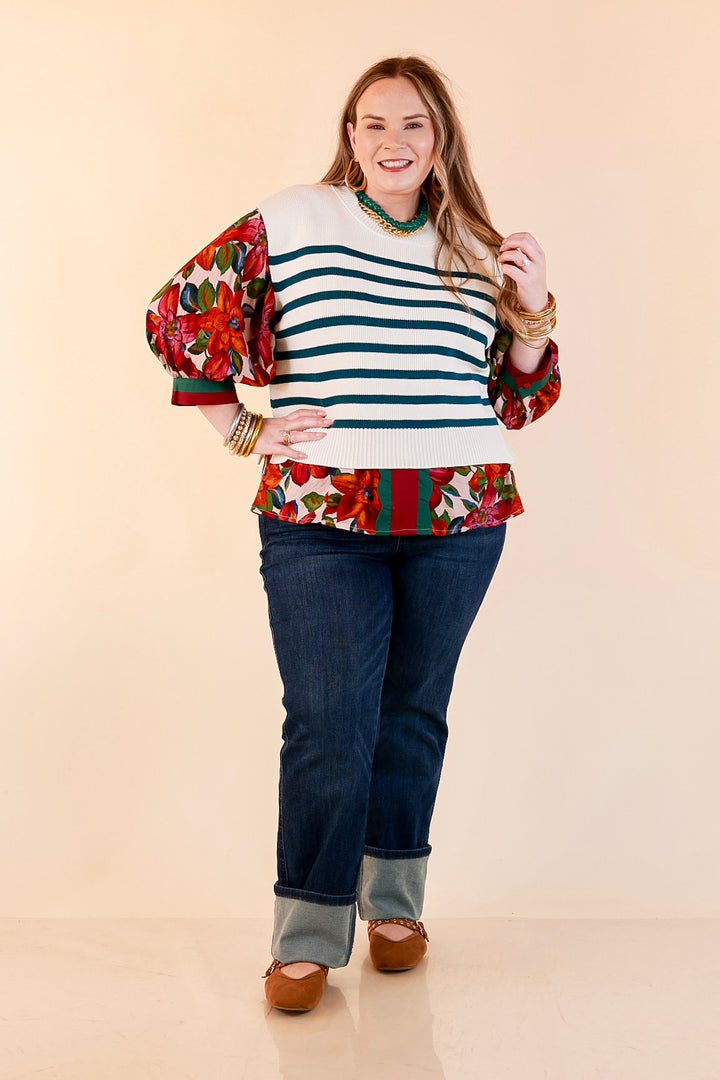 Stripe Things Up Drop Shoulder Knit Sweater in White with Teal Blue Stripes