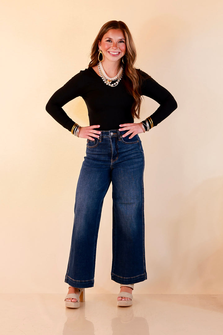 Judy Blue | Wide Open Style Ankle Length Cropped Wide Leg Tummy Control Trouser Denim Jeans in Dark Wash
