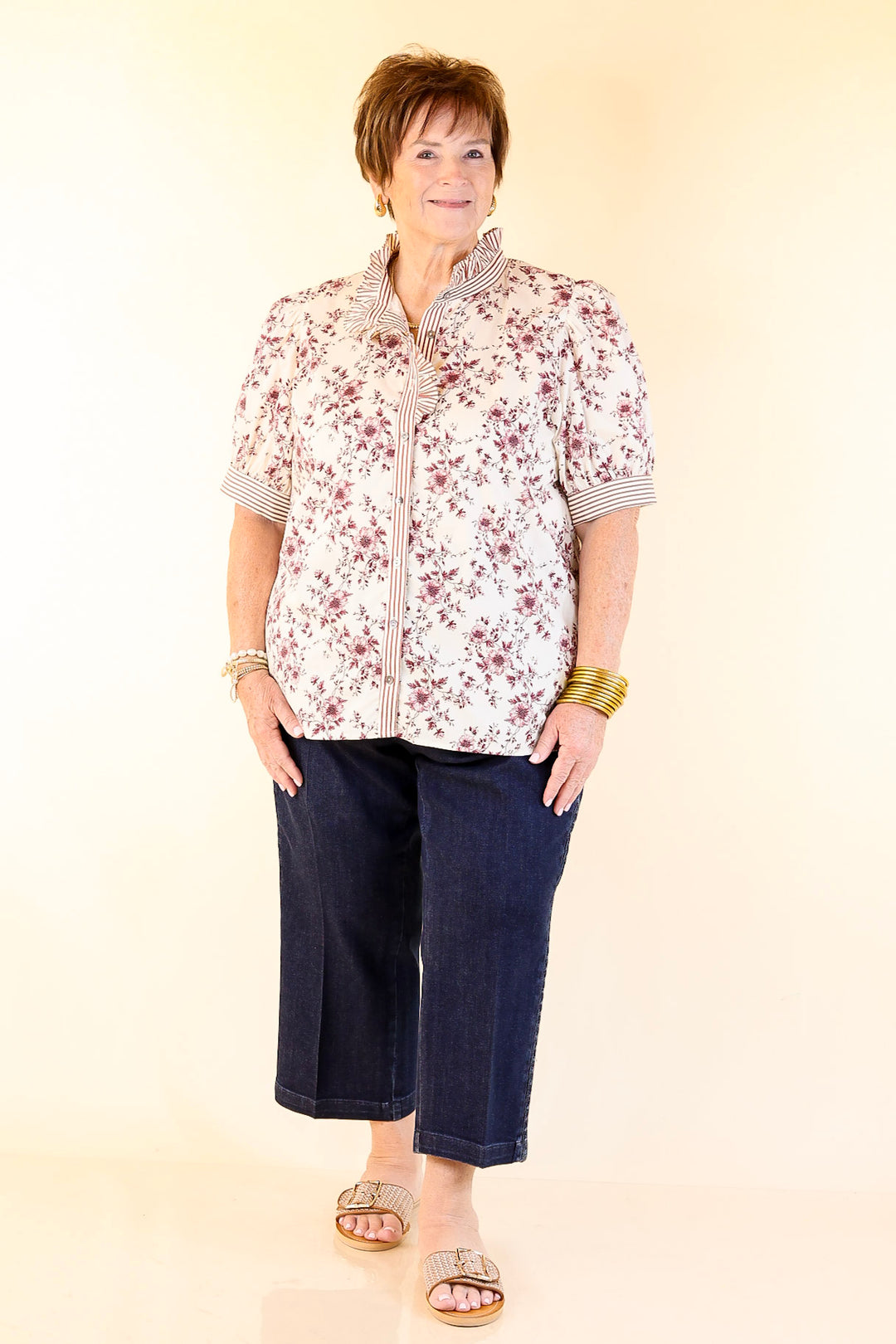 Timeless Beauty Button Up Puff Sleeve Top with Maroon Floral French Toile Print in Cream