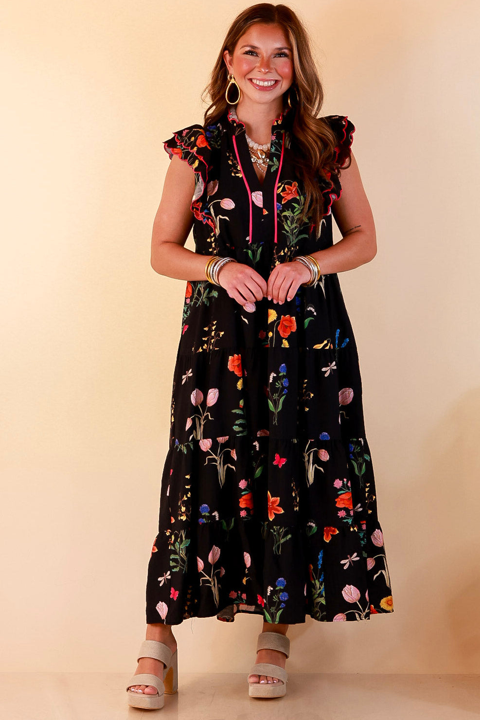 Flourishing Charm Floral Ruffle Cap Sleeve Tiered Midi Dress in Black