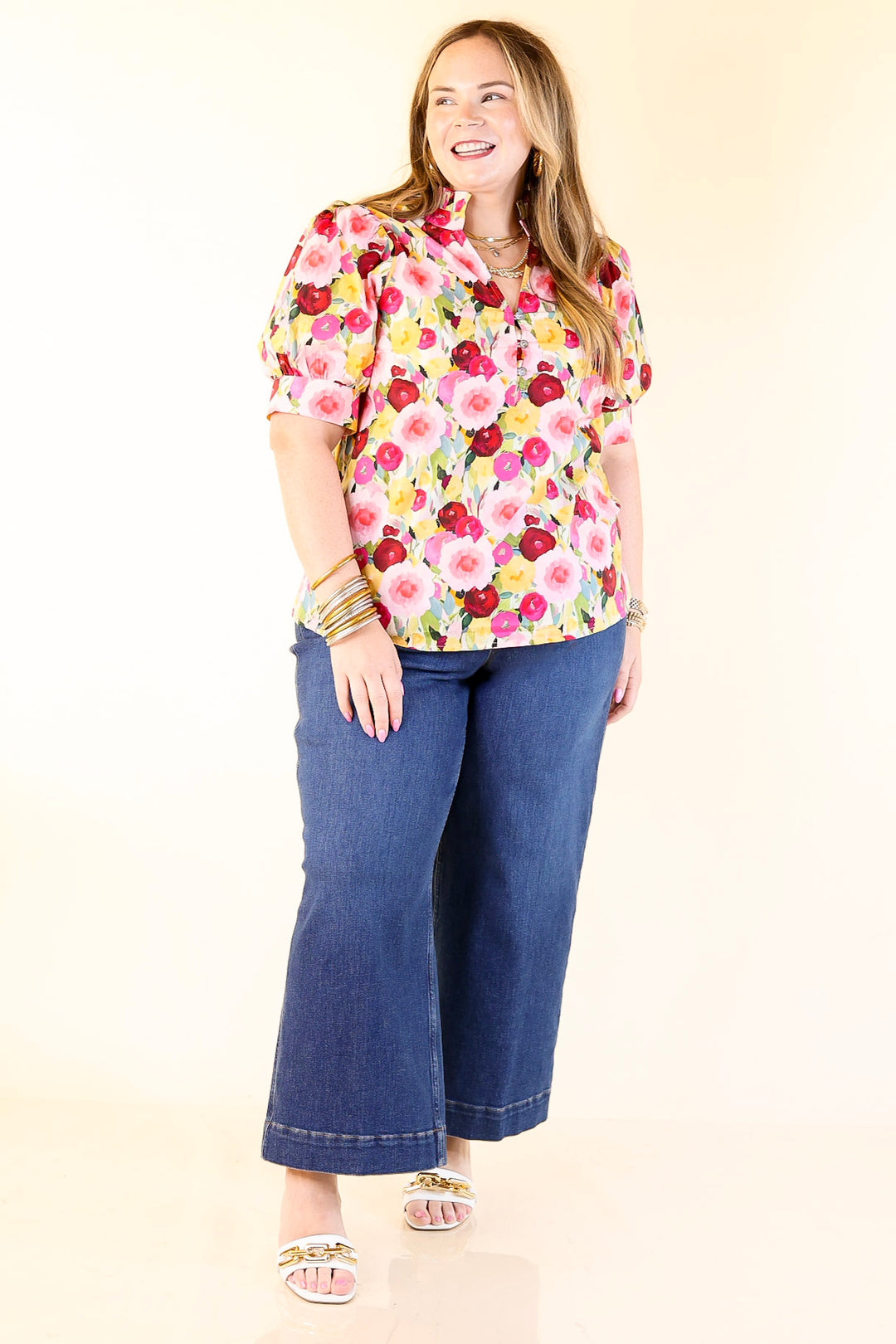 Brighter Blooms Ahead Floral Print Top with Ruffle Collar and Puff Sleeves in Multi