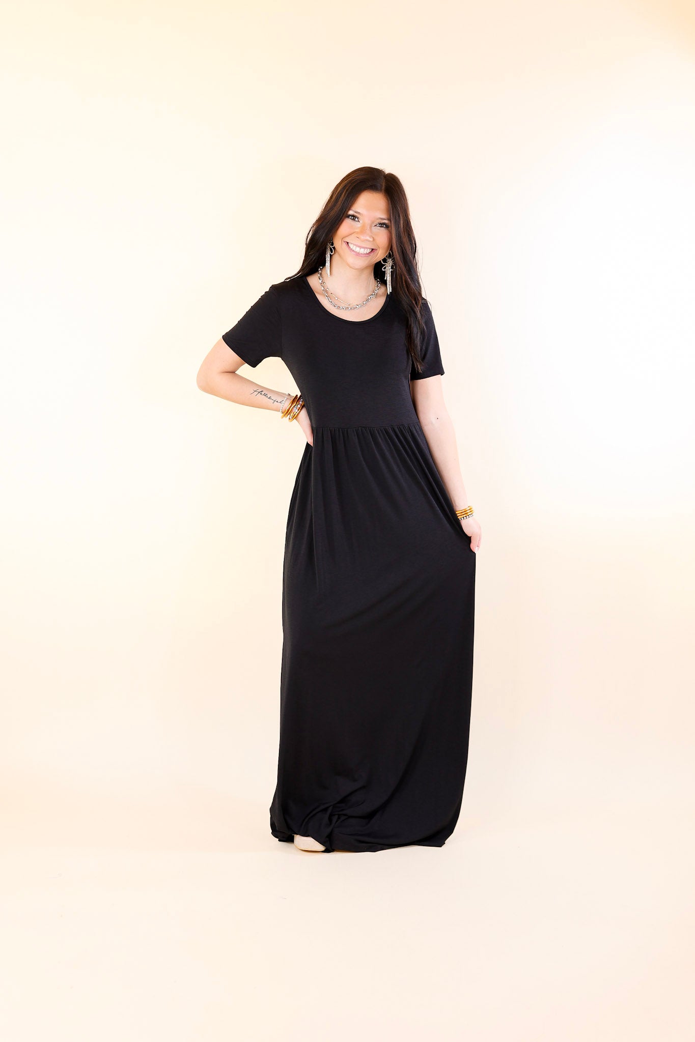 Just Landed Short Sleeve Babydoll Maxi Dress in Black