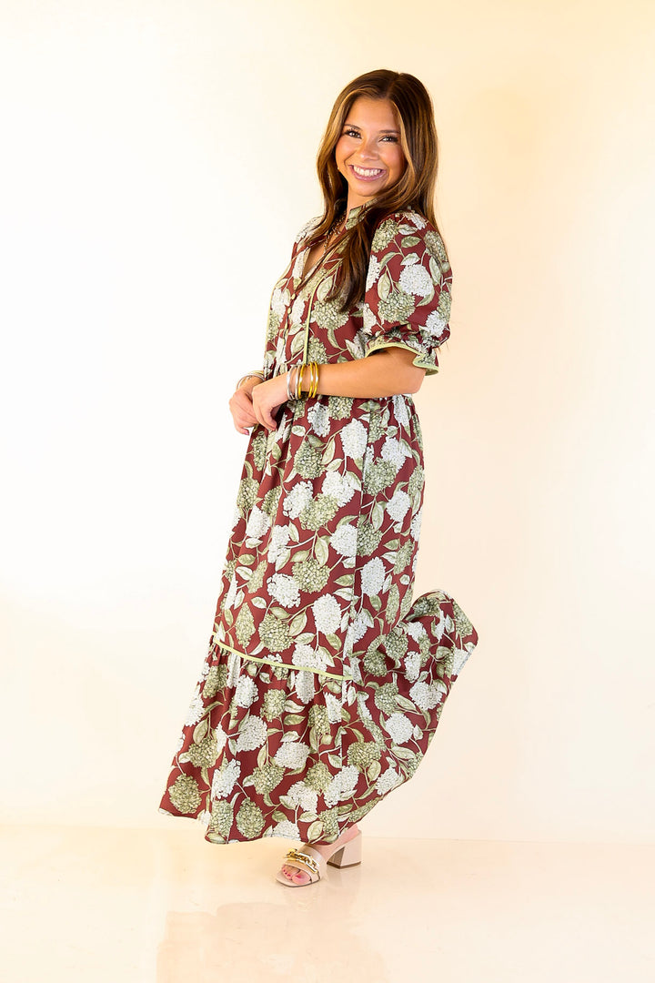 Petals & Poetry Hydrangea Floral Puff Sleeve Tiered Maxi Dress in Maroon