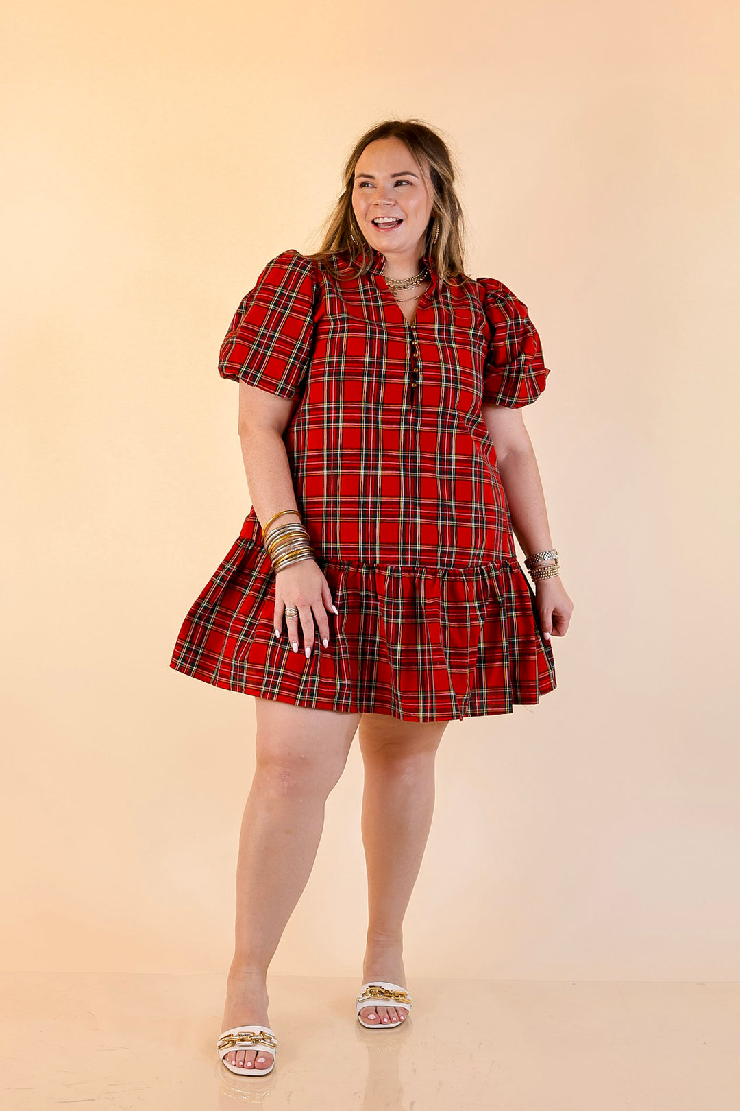Polished in Plaid Peplum Skirt Dress with Pockets and Puff Sleeve in Red