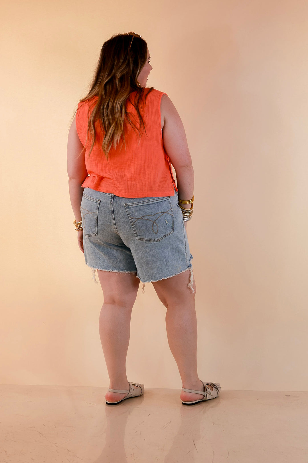 Tie it Together Sleeveless Linen Tank Top with Side Tie Detail in Coral Orange