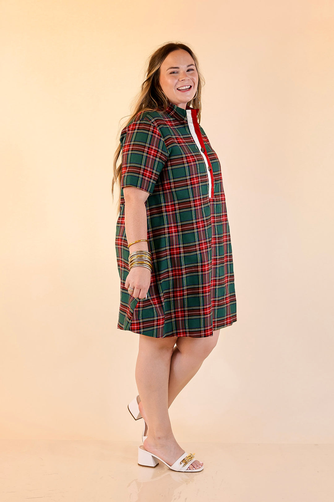 Seasonal Shift Plaid Dress with Pockets and Button Detailing in Green
