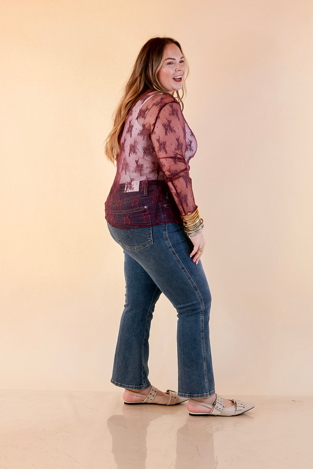 Delicate Charm Long Sleeve Sheer Lace Top with Mock Neck in Dark Purple