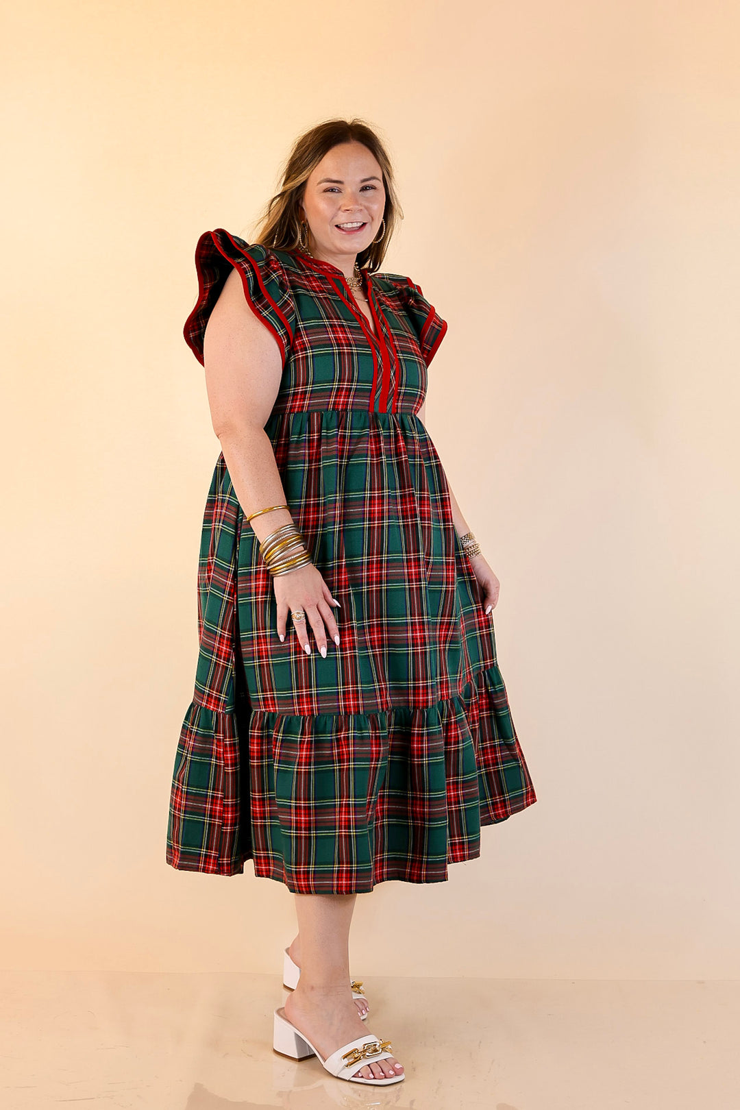 Magnolia Morning Plaid Ruffle Cap Sleeve Tiered Midi Dress in Green