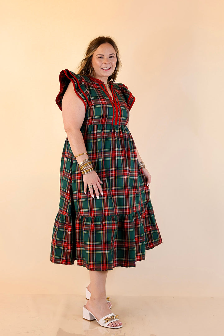 Magnolia Morning Plaid Ruffle Cap Sleeve Tiered Midi Dress in Green