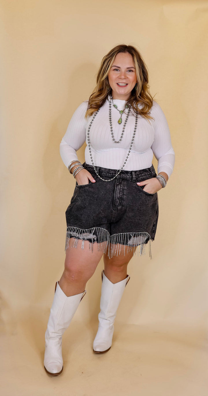 Saddle Up Crystal Fringe Distressed Denim Shorts in Black - Giddy Up Glamour Boutique