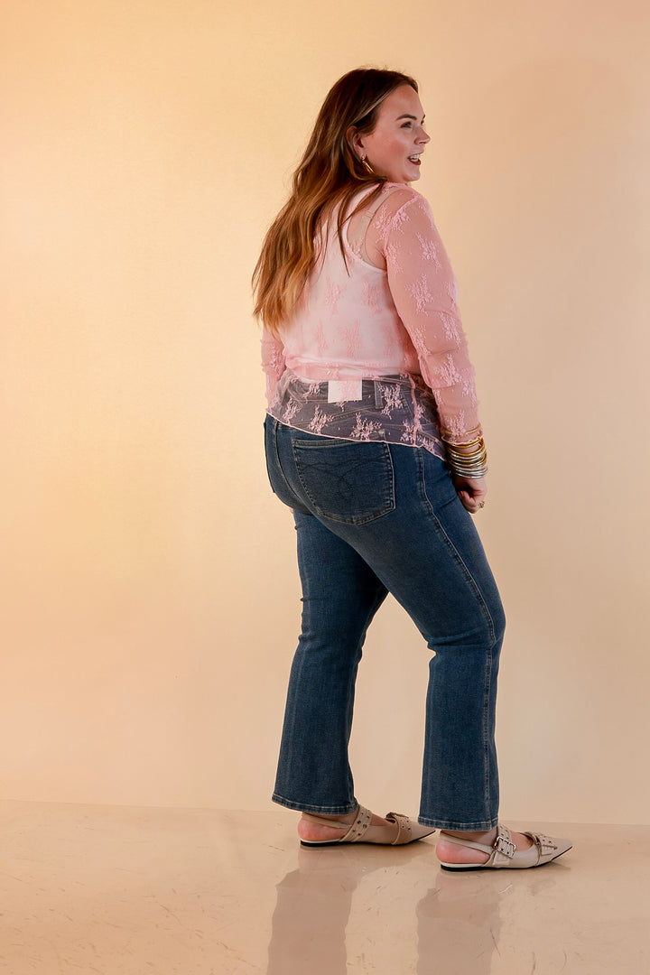 Delicate Charm Long Sleeve Sheer Lace Top with Mock Neck in Pale Pink