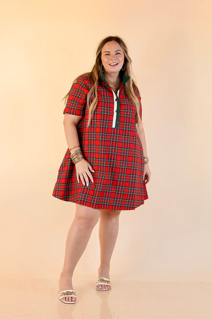 Seasonal Shift Plaid Dress with Pockets and Button Detailing in Red
