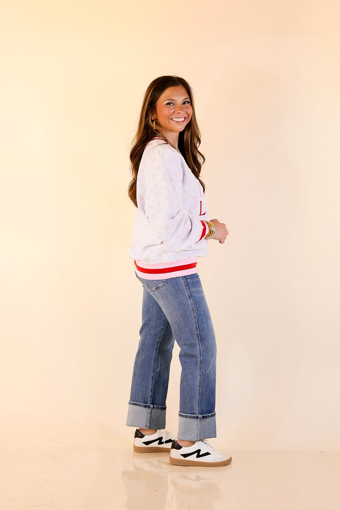Simply Southern | Holiday Cheer Club Fa La La Floral Varsity Sweatshirt in Ivory