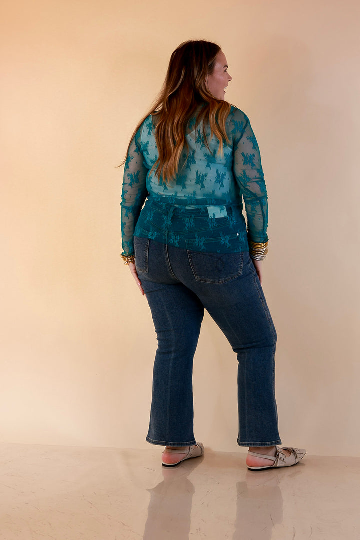 Delicate Charm Long Sleeve Sheer Lace Top with Mock Neck in Turquoise Blue