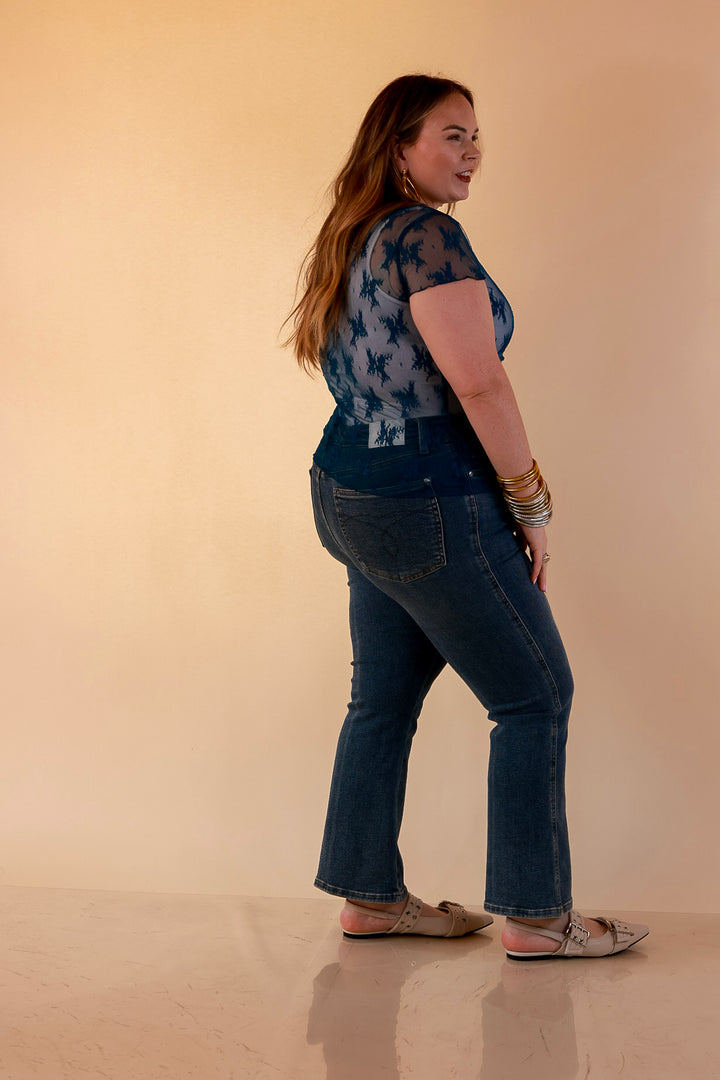 Lovely in Lace Sheer Mock Neck Short Sleeve Top in Teal Blue