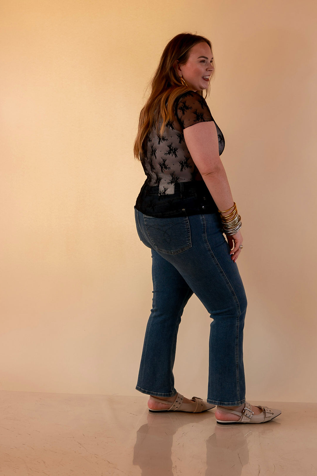 Lovely in Lace Sheer Mock Neck Short Sleeve Top in Black
