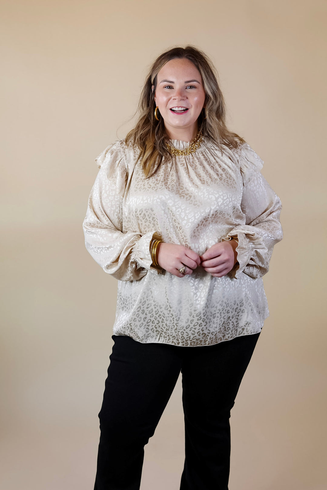 Can't Stop Me Ruffle Mock Neck Long Sleeve Leopard Print Satin Top in Ivory - Giddy Up Glamour Boutique