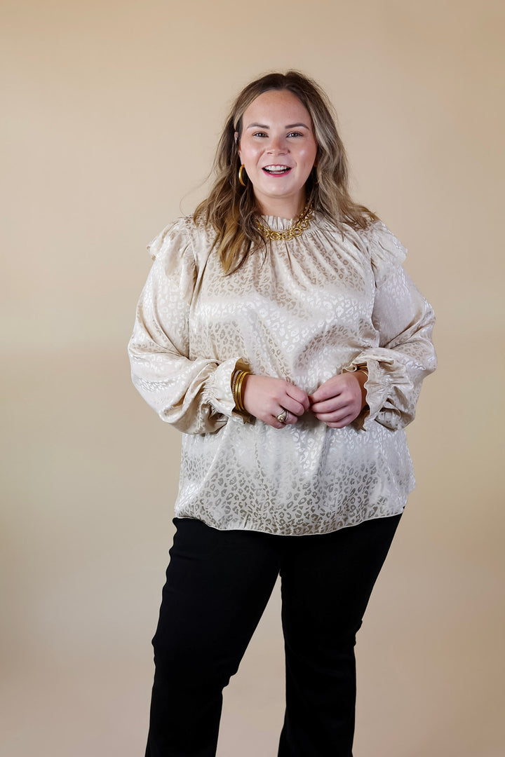 Can't Stop Me Ruffle Mock Neck Long Sleeve Leopard Print Satin Top in Ivory - Giddy Up Glamour Boutique