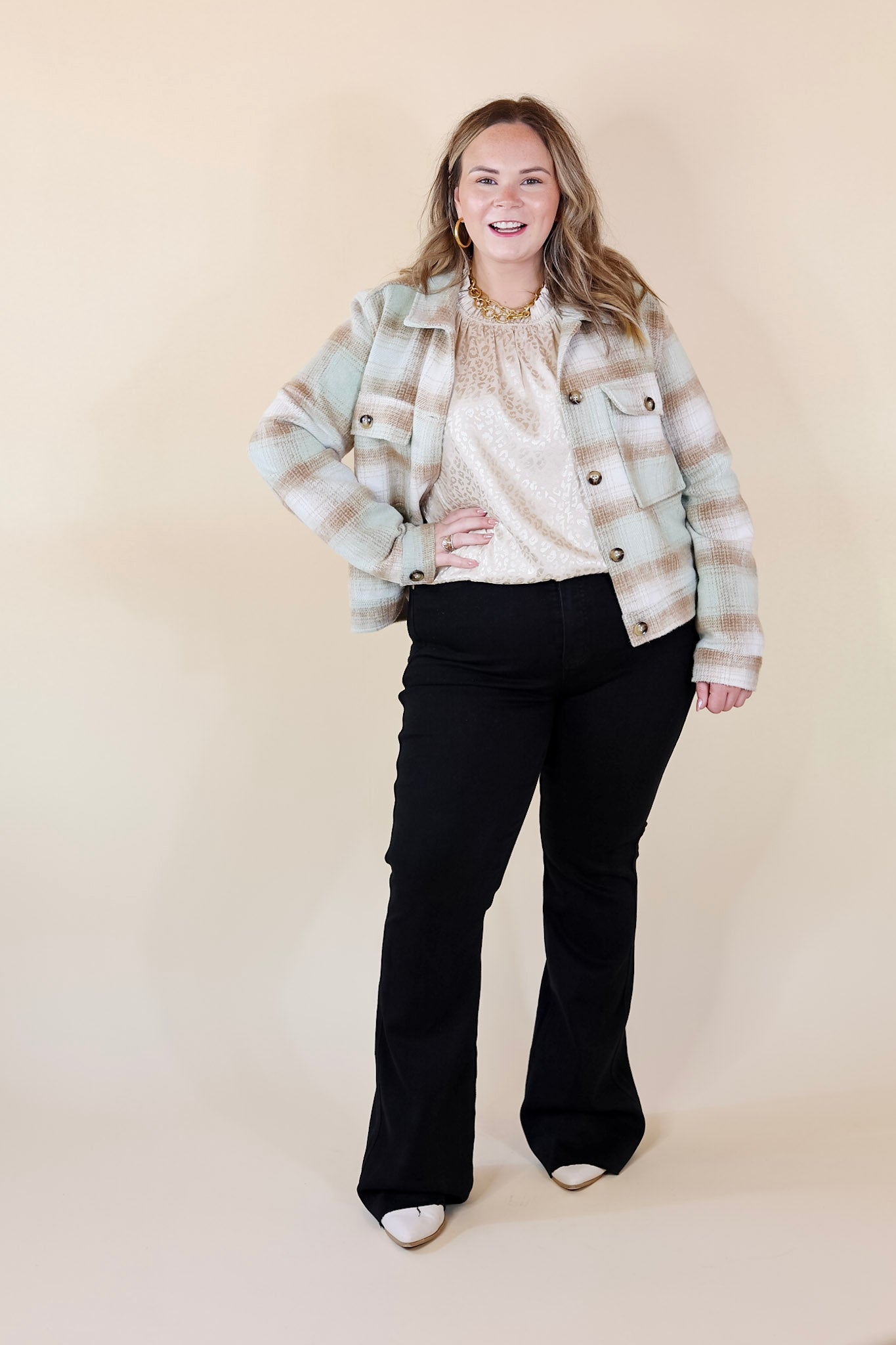 Lost In the Redwoods Button Up Cropped Plaid Jacket in Pistachio Mix - Giddy Up Glamour Boutique