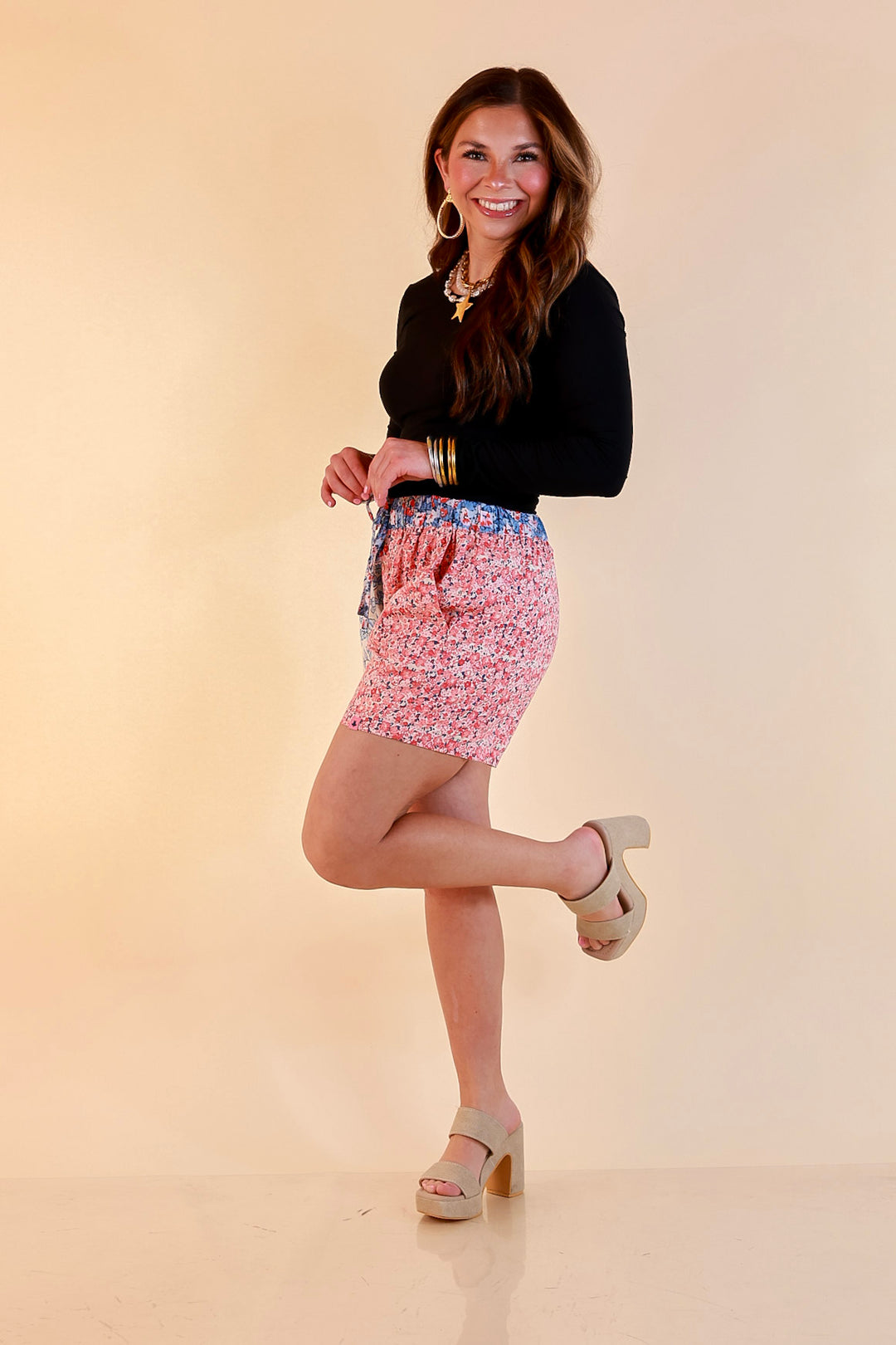 Simply Southern | Pretty in Patchwork Floral Print Boxer Shorts with Lining in Red, Ivory and Blue