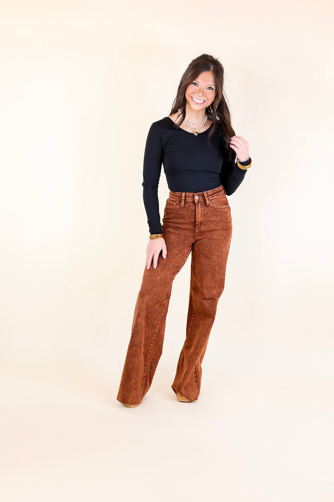 Judy Blue | Harvest Hues Garment Dyed Wide Leg Jean with Raw Hem in Pumpkin Spice Brown