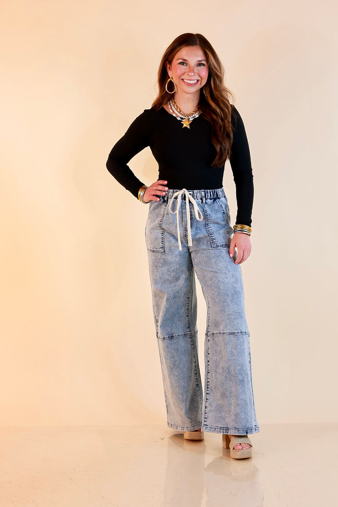 Simply Southern | Right This Way Wide Leg Drawstring Denim Utility Jeans in Acid Wash