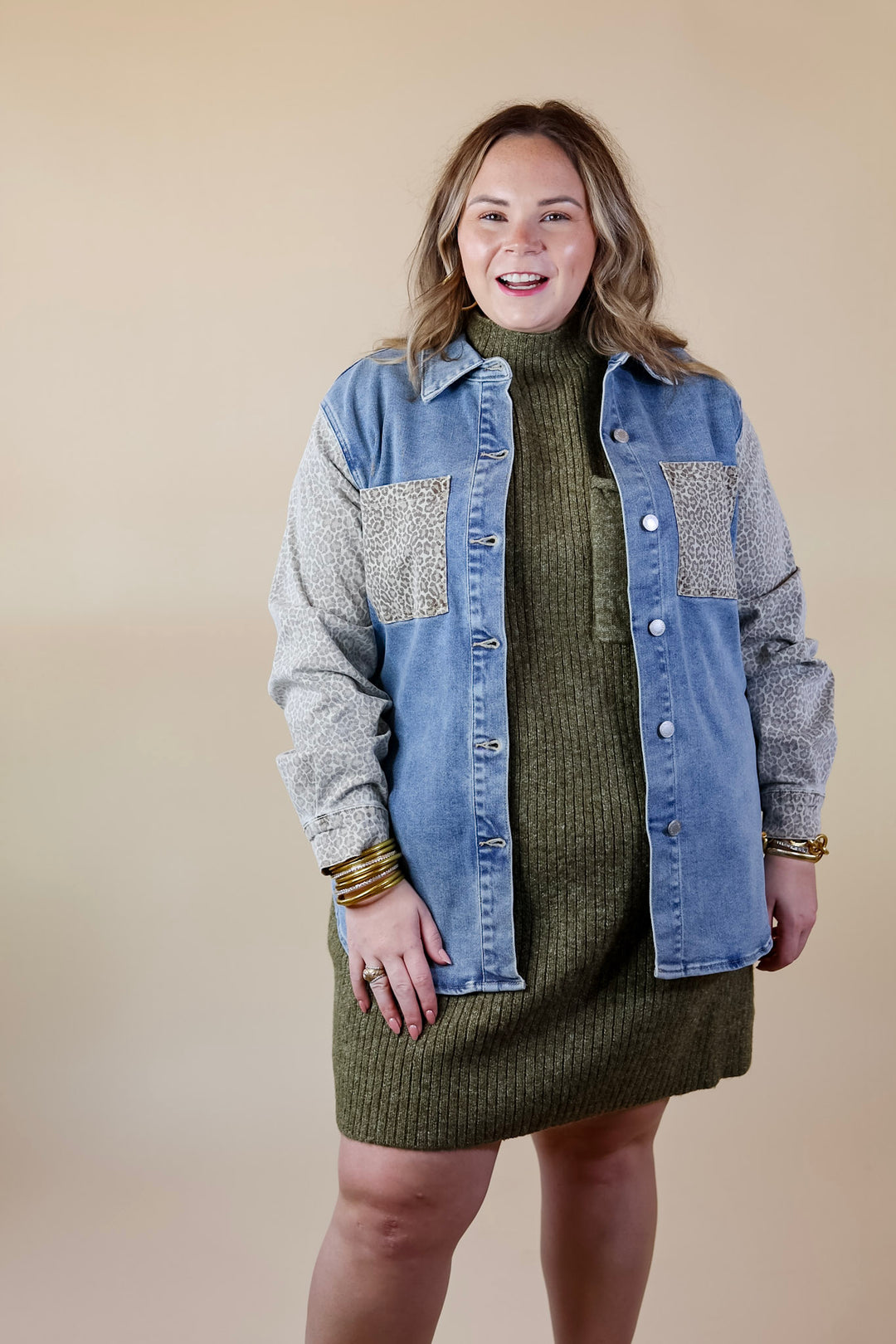 Judy Blue | Special Treat Leopard Print Block Button Up Denim Jacket in Light Wash - Giddy Up Glamour Boutique