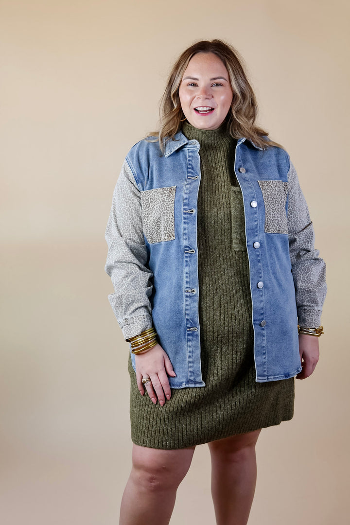Judy Blue | Special Treat Leopard Print Block Button Up Denim Jacket in Light Wash - Giddy Up Glamour Boutique