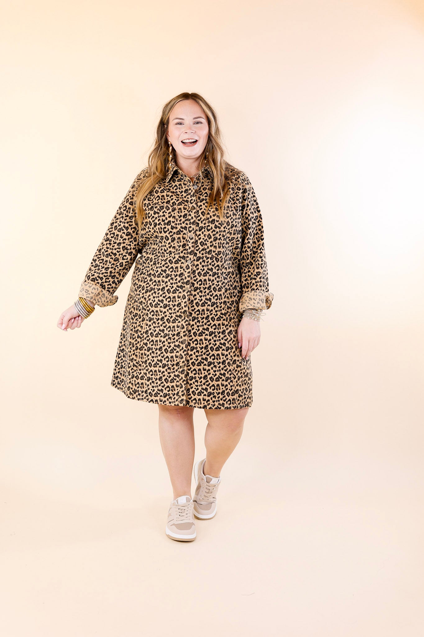 Manhattan Minute Leopard Print Button Up Dress with Long Sleeves