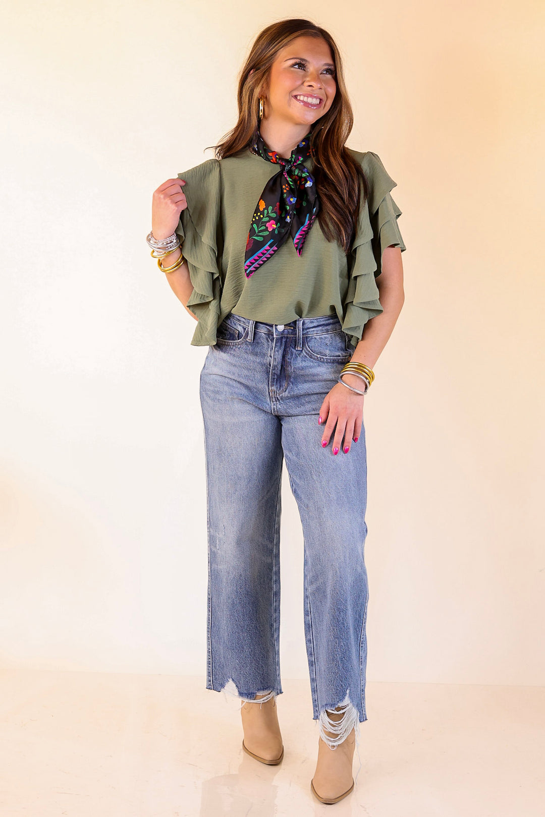 Turning Heads Multi-Tiered Ruffle Cap Sleeve Top in Olive Green