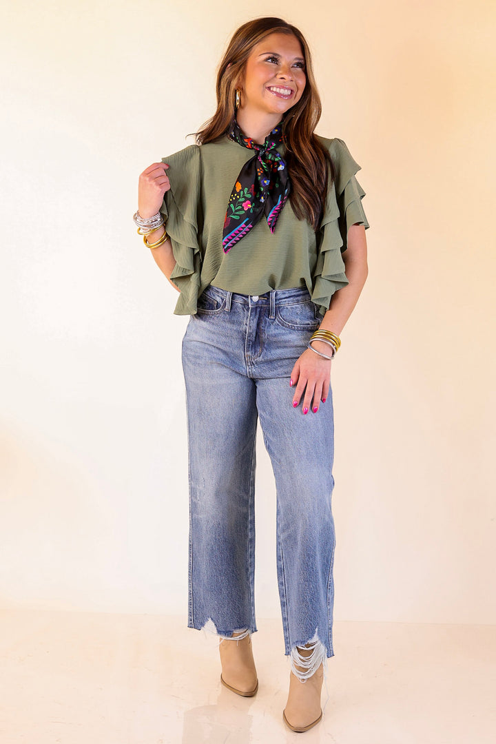 Turning Heads Multi-Tiered Ruffle Cap Sleeve Top in Olive Green