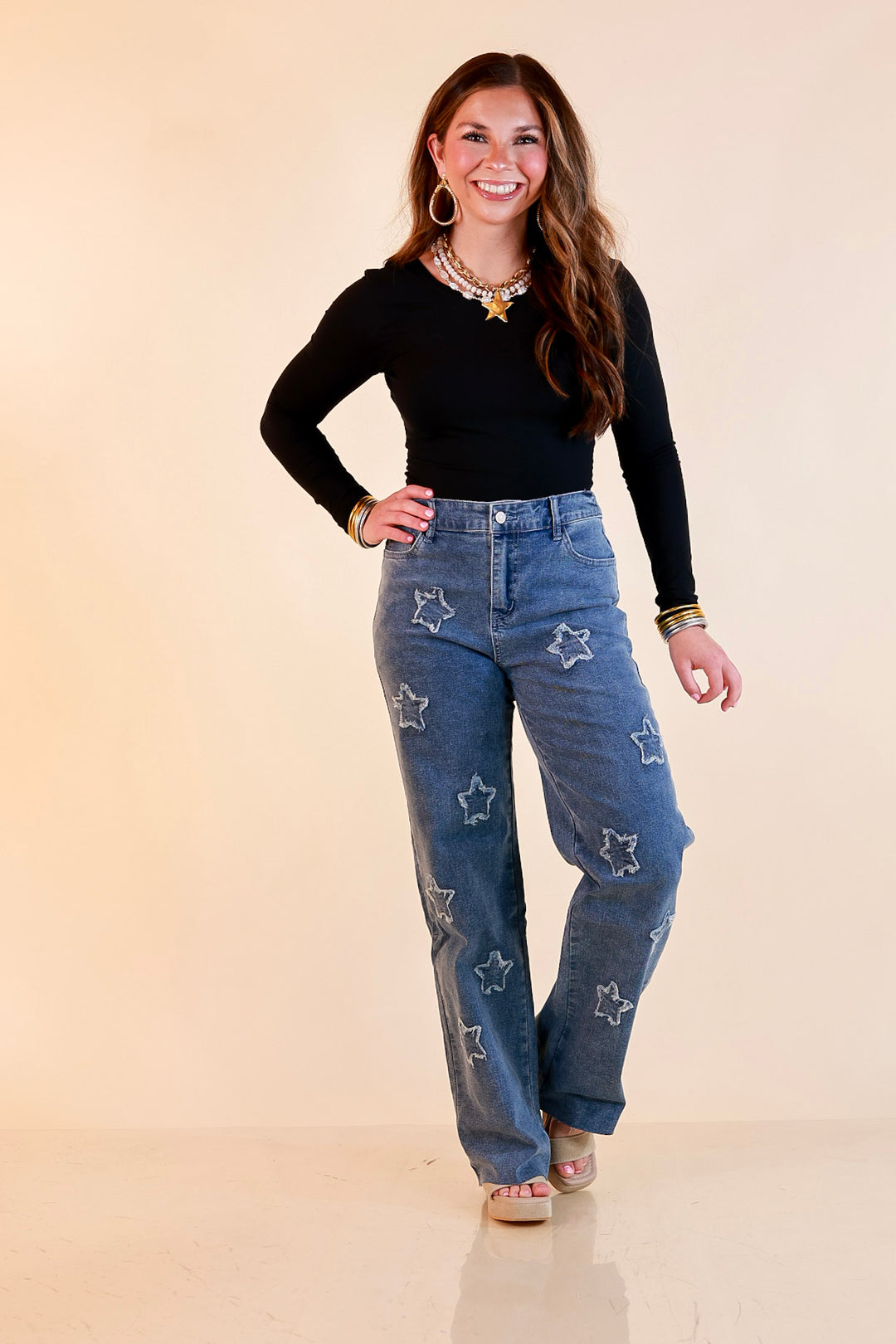 Simply Southern | Star of the Show Straight Leg Denim Jeans with Star Patch Detailing in Medium Wash