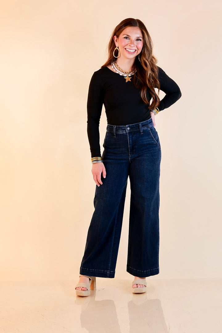 Judy Blue | Chic in Motion Ankle Length Cropped Wide Leg Trouser Denim Jeans in Dark Wash