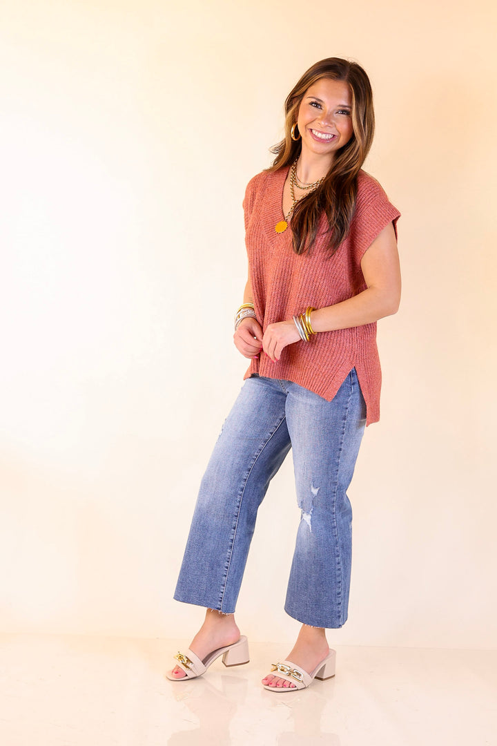 Fall For You Textured V-Neck Oversized Knit Sweater Vest Top in Rust Orange