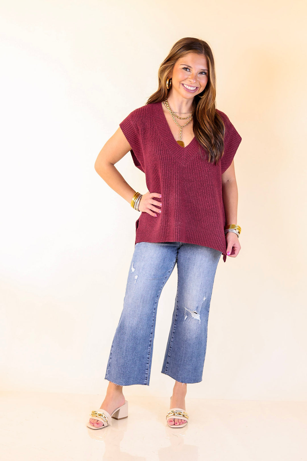 Fall For You Textured V-Neck Oversized Knit Sweater Vest Top in Maroon