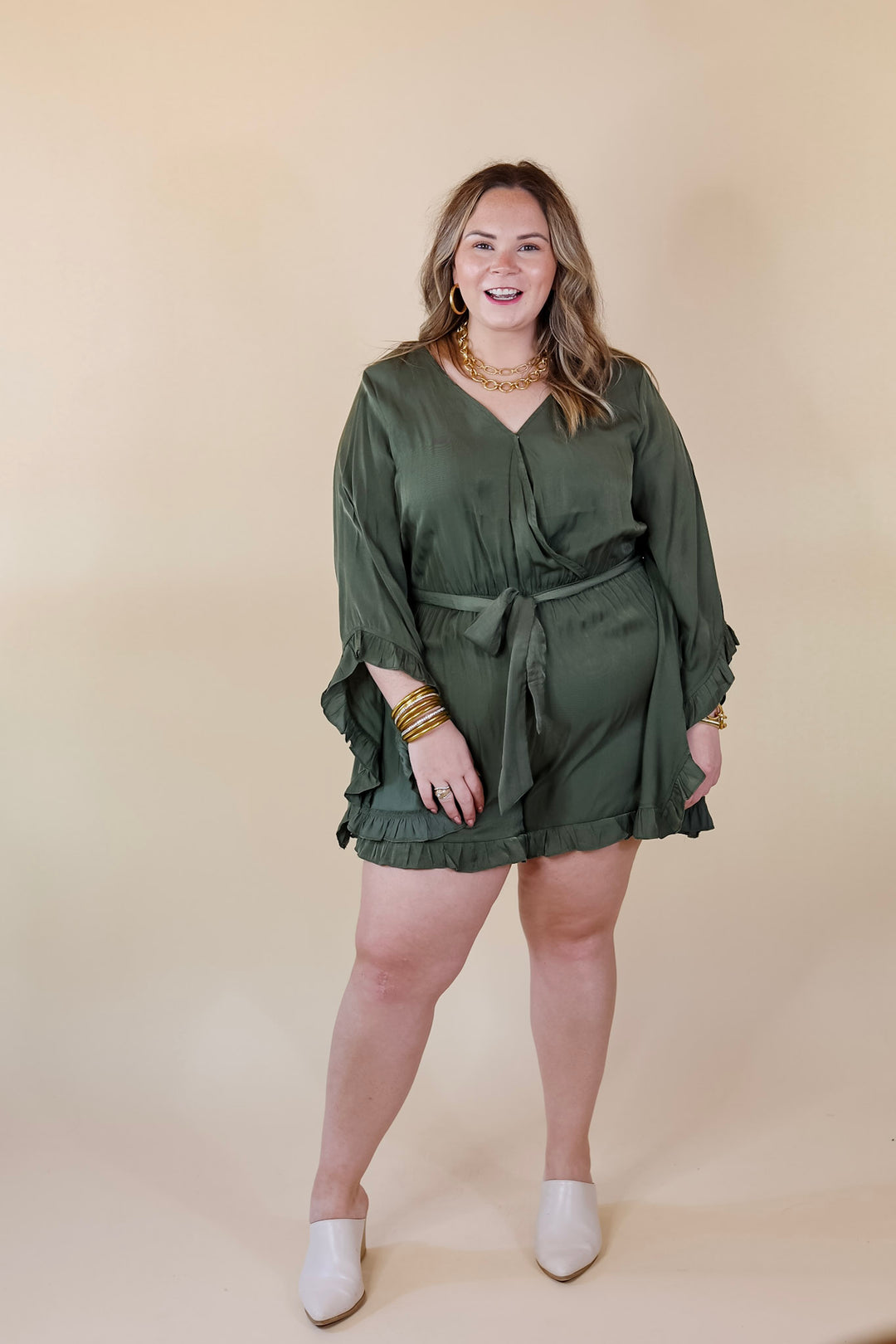 Something More Ruffle Trim Long Sleeve Satin Romper in Olive Green - Giddy Up Glamour Boutique