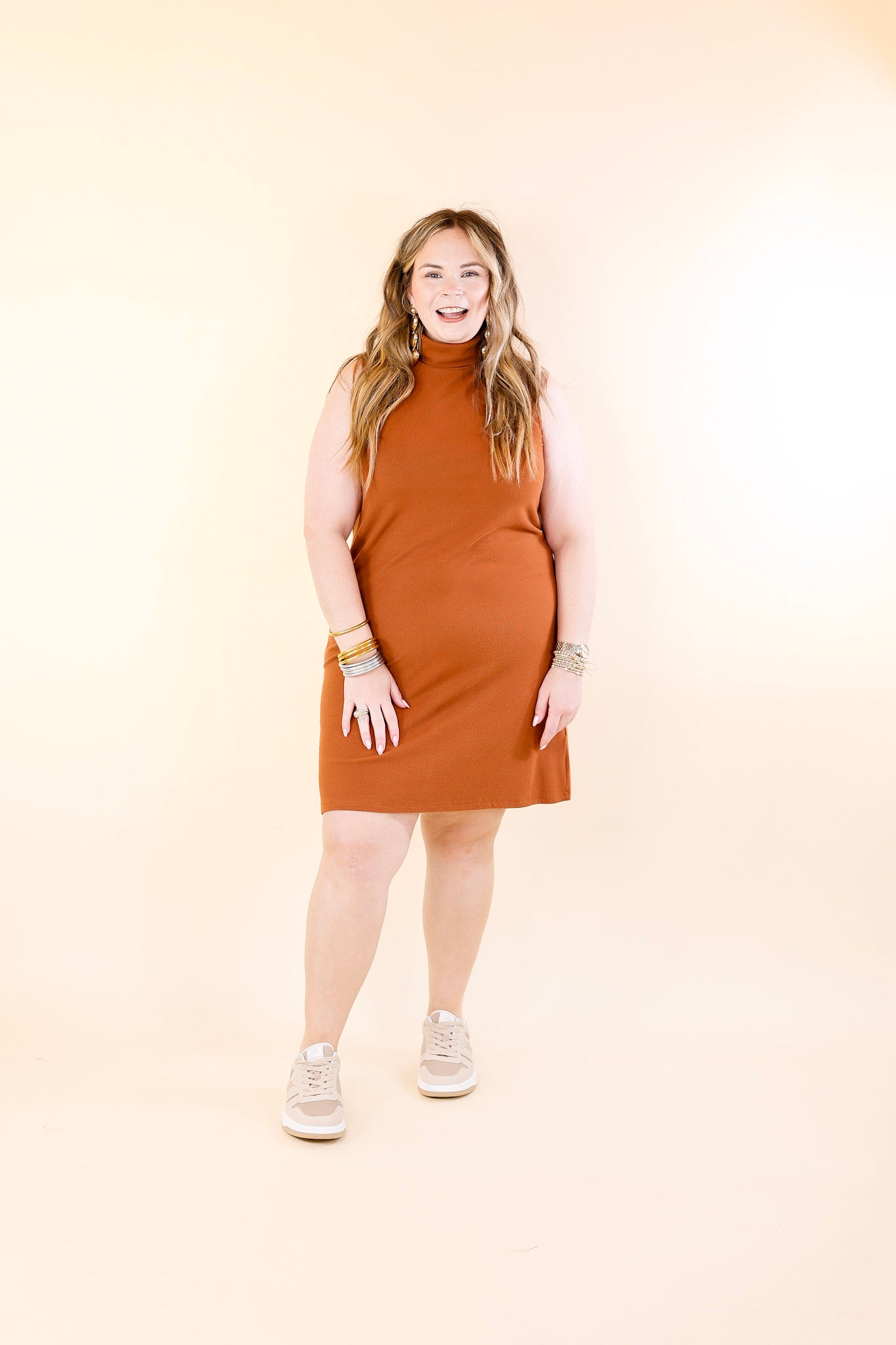 One Love Tank Sweater Dress with Turtle Neck in Rust Orange