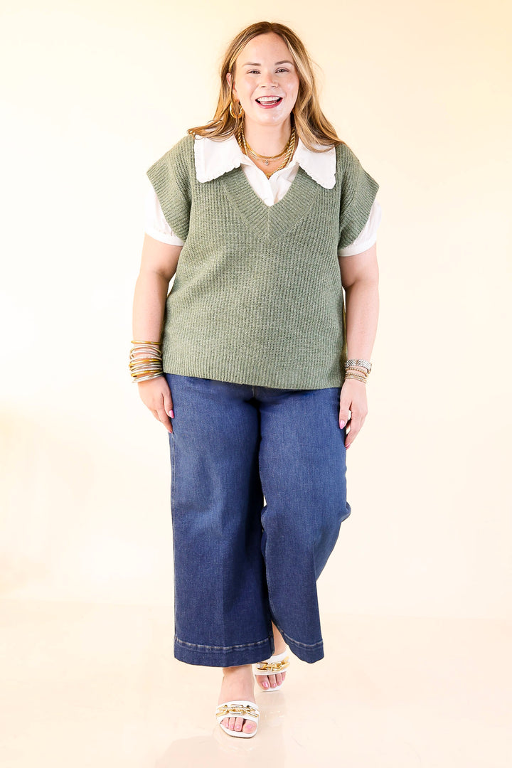 Fall For You Textured V-Neck Oversized Knit Sweater Vest Top in Olive Green