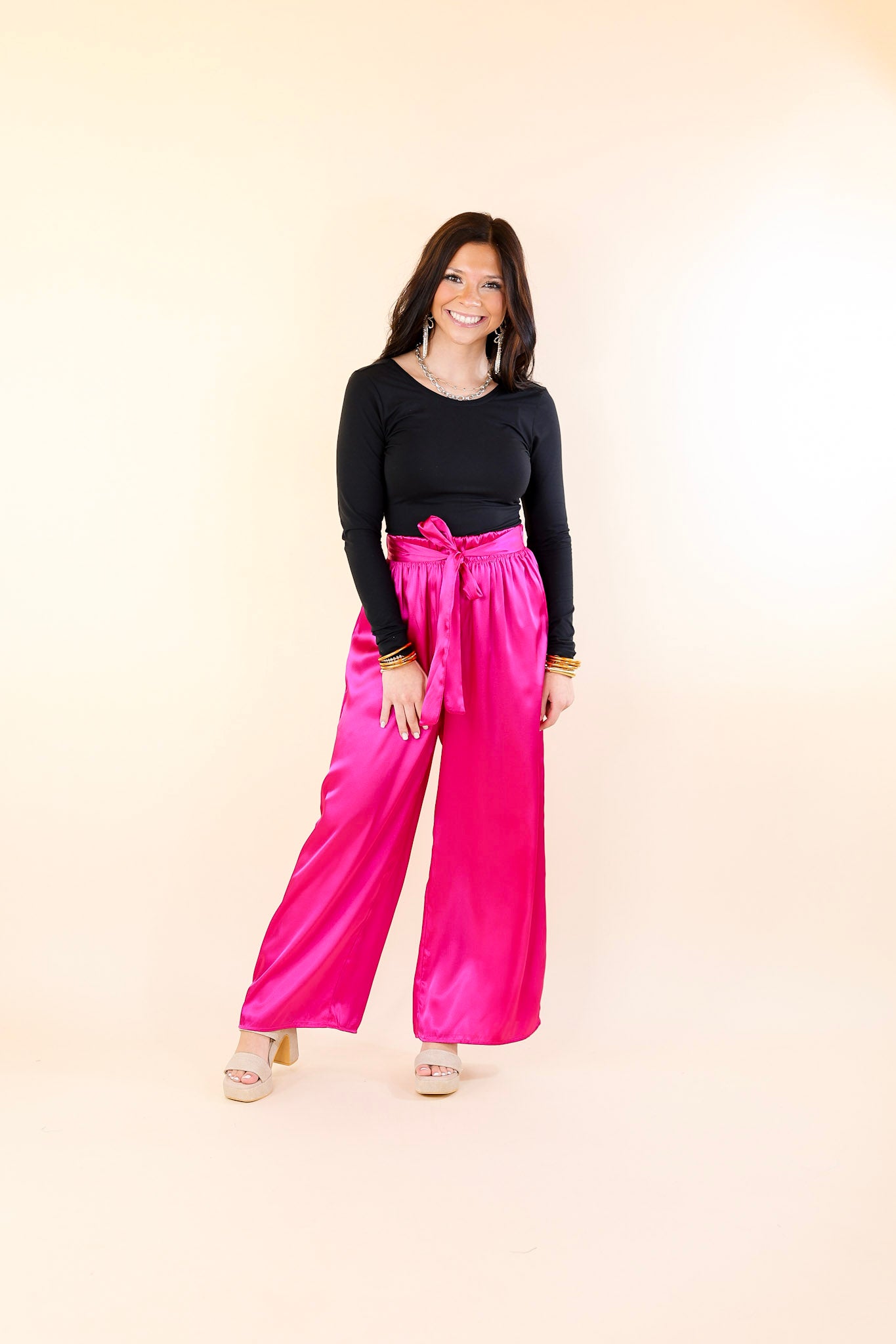 Dare To Dazzle Wide Leg Satin Pants with Waist Tie in Fuchsia Pink