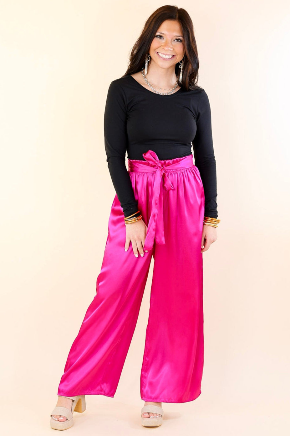 Dare To Dazzle Wide Leg Satin Pants with Waist Tie in Fuchsia Pink